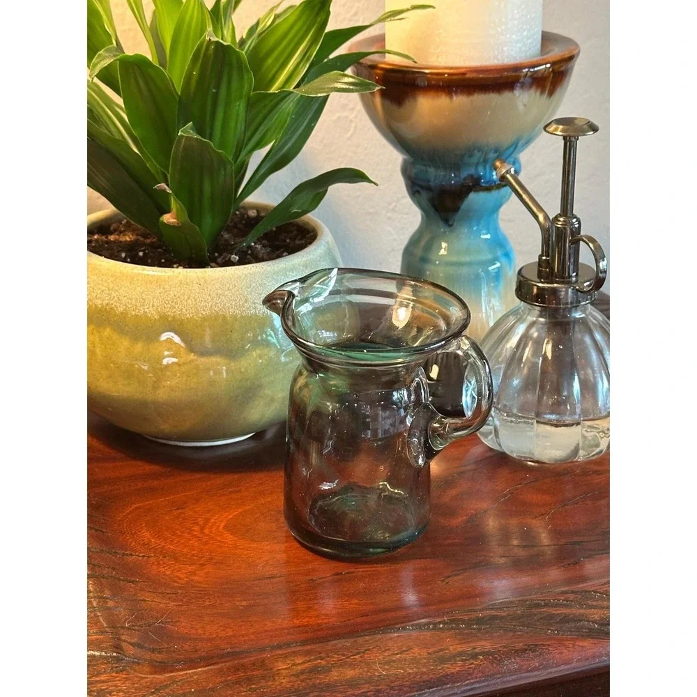 Vintage Hand-Blown Swirled Green Pink Art Glass Creamer Pitcher